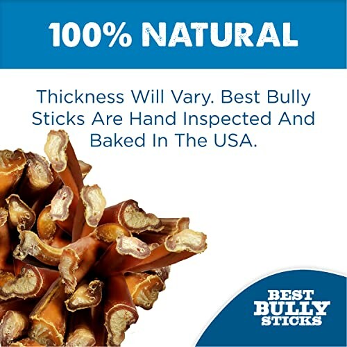 100% natural bully sticks with varying thickness, hand inspected and baked in the USA.