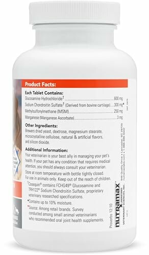 Back of Nutramax supplement bottle showing product facts and ingredients