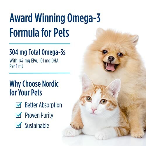 Award winning Omega-3 formula for pets with a dog and cat.