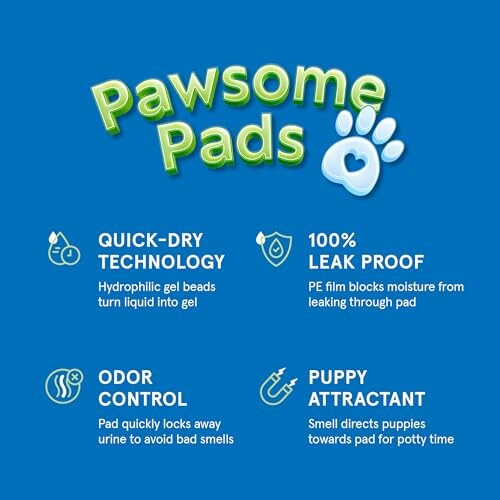 Pawsome Pads features: quick-dry technology, 100% leak proof, odor control, puppy attractant.