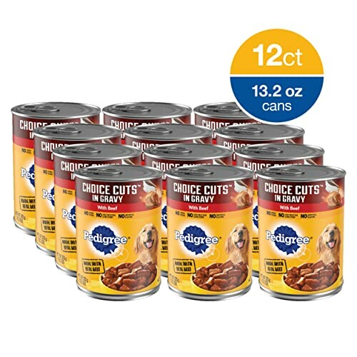12 cans of Pedigree Choice Cuts in Gravy with Beef dog food.