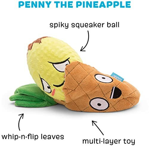 Penny the Pineapple dog toy with spiky squeaker ball, whip-n-flip leaves, and multi-layer design.