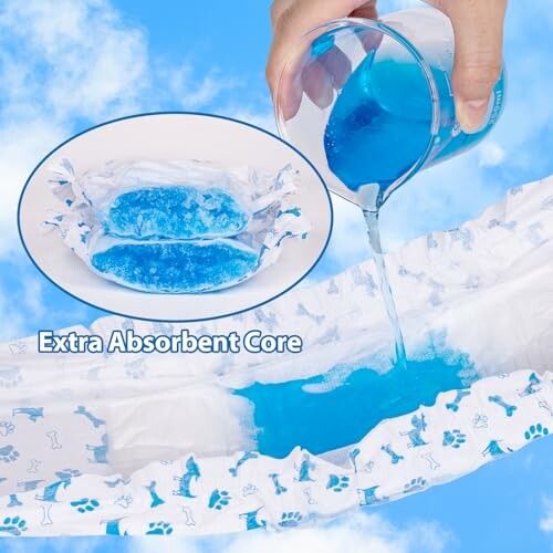 Blue liquid being poured onto a pet diaper with extra absorbent core.