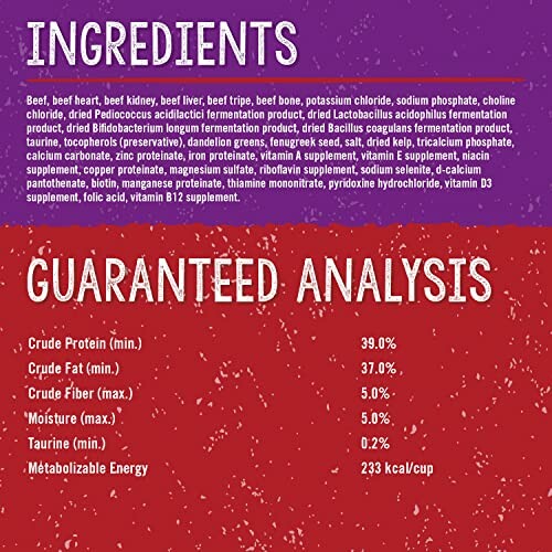 Pet food label showing ingredients and guaranteed analysis.