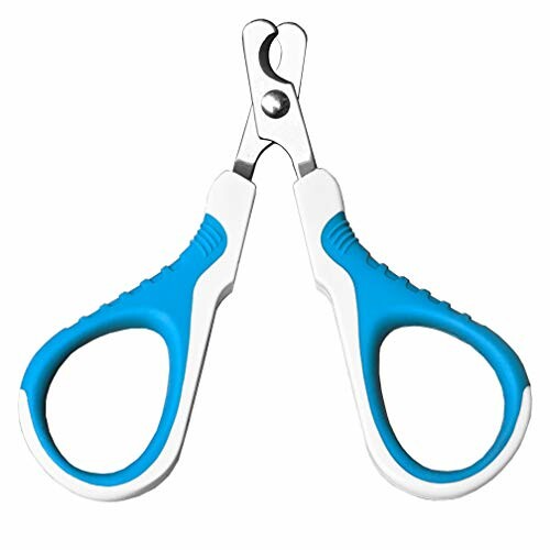 Blue and white pet nail clippers with ergonomic handles.