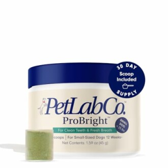 PetLabCo ProBright dental supplement for small dogs with scoop.