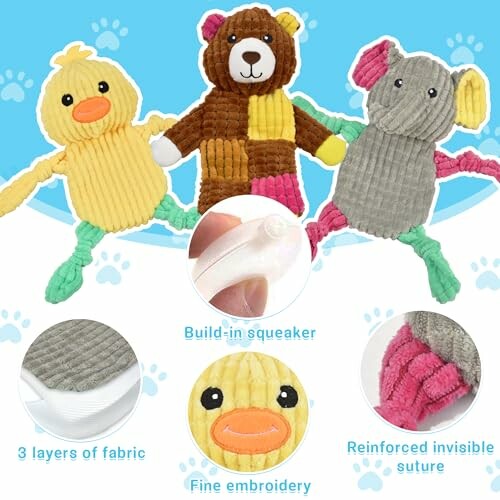 Three plush animal toys with features like build-in squeaker, fine embroidery, reinforced invisible suture, and three layers of fabric.