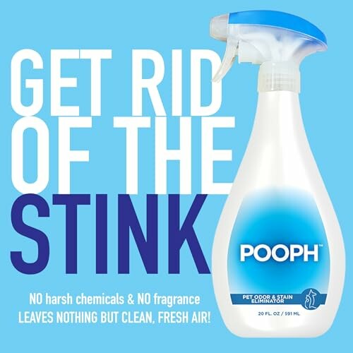 Pooph pet odor and stain eliminator spray bottle with text 'Get Rid of the Stink'.