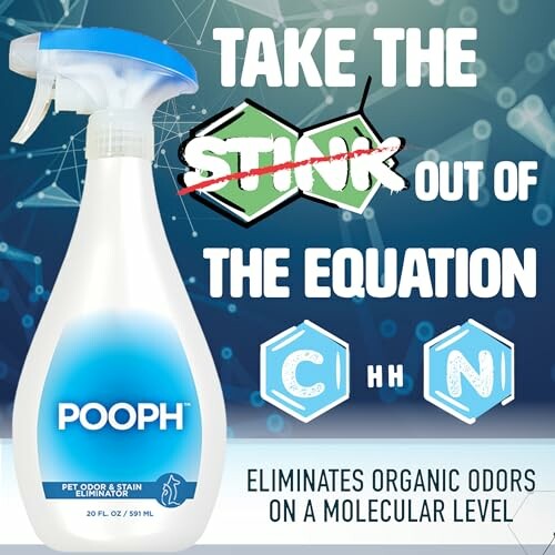 Pooph odor eliminator advertisement with chemical symbols and slogan.