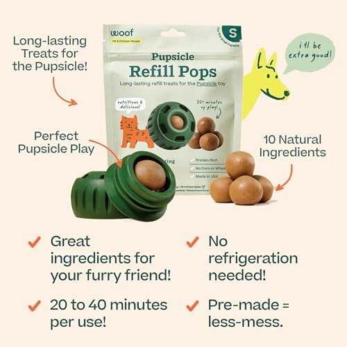 Pupsicle Refill Pops with packaging and treats, highlighting benefits like long-lasting, natural ingredients, and no refrigeration needed.