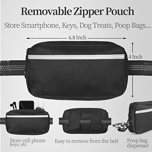 Removable zipper pouch with compartments for smartphone, keys, and dog items.