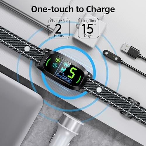 Smart dog collar with charging cable and adapter, showing charge time and usage details.