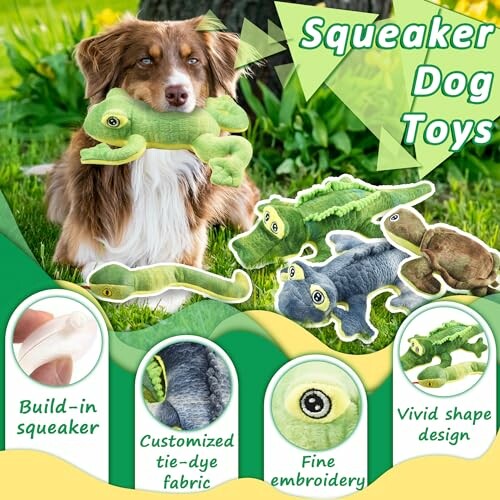 Dog holding green squeaker toy with various plush toys displayed.