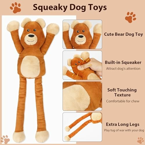 Brown bear-shaped squeaky dog toy with long legs and built-in squeaker.