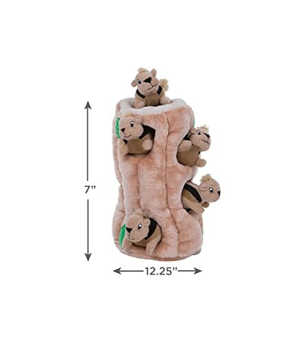 Plush toy tree stump with squirrel plushies and dimensions.