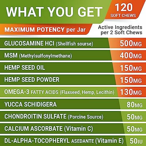 Supplement ingredients chart showing dosage per two soft chews.