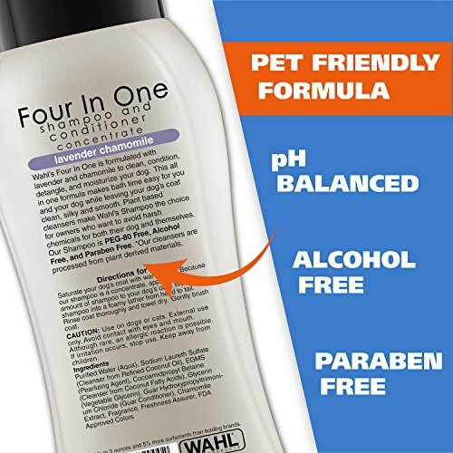 Wahl pet shampoo bottle with text highlighting features: pet friendly, pH balanced, alcohol free, paraben free.
