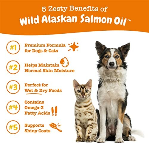 Infographic of 5 benefits of Wild Alaskan Salmon Oil for pets with a dog and cat.