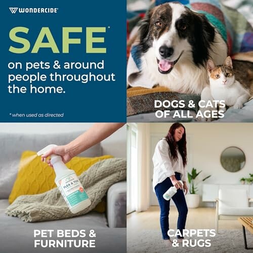 Wondercide product safe for pets and home use, featuring pets and application on furniture.