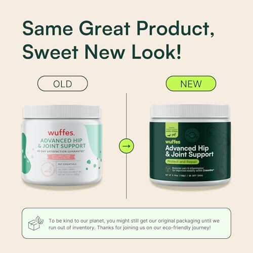 Comparison of old and new Wuffes Advanced Hip and Joint Support packaging.