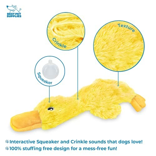 Yellow duck dog toy with squeaker and crinkle texture.