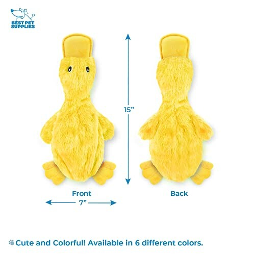 Yellow plush duck dog toy with front and back view, 15 inches tall, 7 inches wide.