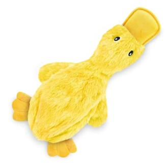 Yellow plush duck toy with a large beak and feet.